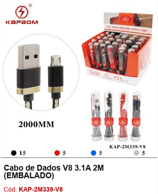 Cabo de Dados V8 3.1A 2M R$ 4,05 PCS/cx:300