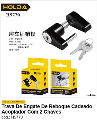 Trava De Engate De Reboque Cadeado Acoplador Com 2 Chaves R$ 14,4 PC/CX:100