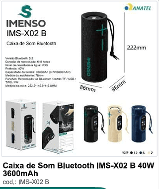 Caixa de Som Bluetooth 40W 3600mAh R$ 130,5 PC/CX 20