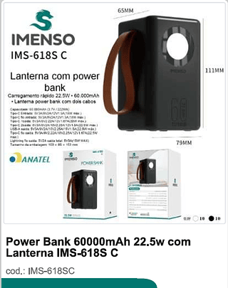 Power Bank 60000mAh 22.5w com Lanterna R$125 PC/CX 20