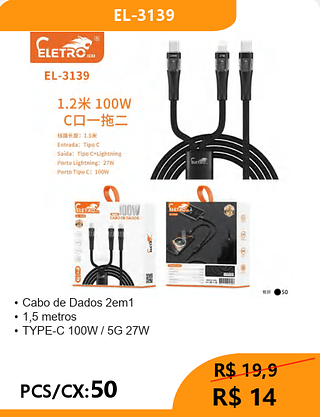 Cabo de Dados 2 EM 1 PCS/CX:50 R$14