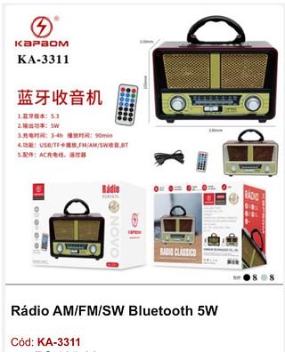 Rádio AM/FM/SW Bluetooth 5W R$ 98,00 PCS/CX: 88,2