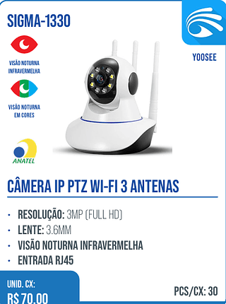 CÂMERA IP PTZ WI-FI 3 ANTENAS UNID. CX: R$ 70.00 PCS/CX: 30