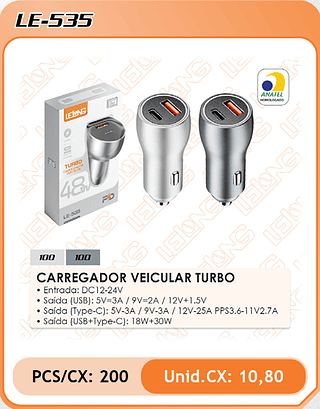 CARREGADOR VEICULAR TURBO 200PÇ=10,8$