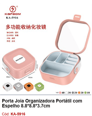 Porta Joia Organizadora Portátil com Espelho 8.8*8.8*3.7cm R$ 10,8 PCS/CX: 120