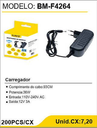 Carregador 12V 3A 200PCS/CX Unid.CX:7,20