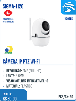 CÂMERA IP PTZ WI-FI UNID. CX: R$ 60.00 PCS/CX: 50