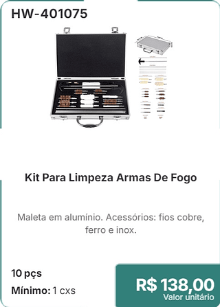 Kit Para Limpeza Armas De Fogo 10 pçs R$ 138.00