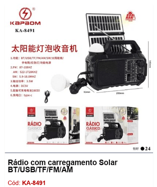 Rádio com carregamento Solar BT/USB/TF/FM/AM R$74,7 PCS/CX:24
