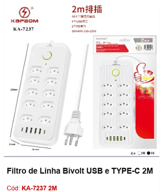 Filtro de Linha Bivolt USB e TYPE-C 2M R$ 35,1 PCS/CX:60