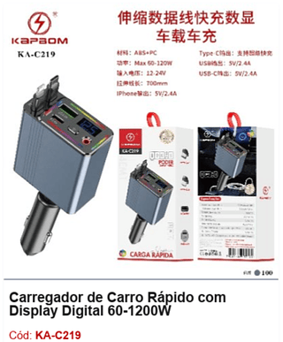 Carregador de Carro Rápido com Display Digital 60-1200W R$ 30,6 PCS/CX:100