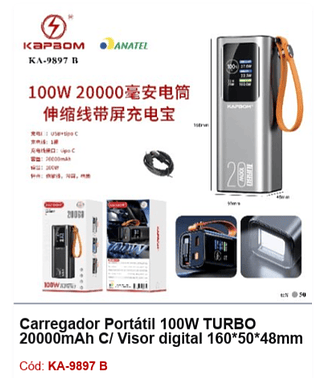 Carregador Portátil 100W TURBO 20000mAh C/ Visor digital R$121,5 PCS/Cx: 50
