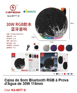 Caixa de Som Bluetooth RGB à Prova d'Água de 30W R$45 PCS/CX:60