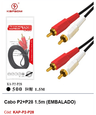 Cabo P2+P28 1.5m R$ 1,62 PCS/CX:500