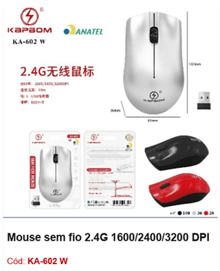 Mouse sem fio 2.4G 1600/2400/3200 DPI R$10,8 PCS/Cx:150
