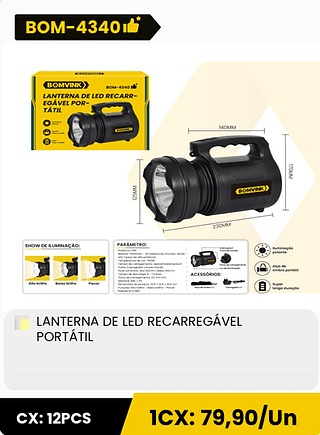 LANTERNA DE LED RECARREGÁVEL PORTÁTIL CX: 12PCS 1CX: 79,90/Un