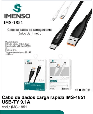 Cabo de dados carga rápida USB-TY 9.1A 200PC/CX R$4,5