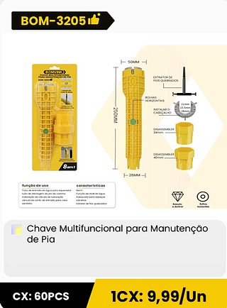 Chave Multifuncional para Manutençao de Pia CX: 60PCS ICX: 9,99/Un