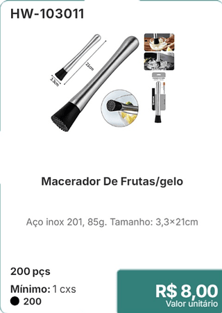 Macerador De Frutas/gelo 200 pçs R$ 8.00