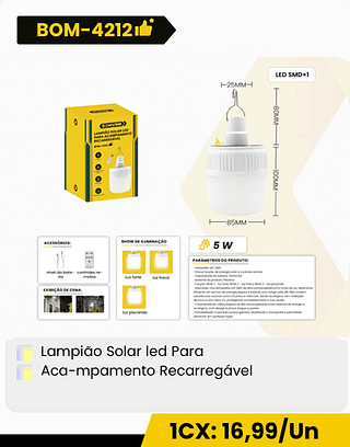 Lampiao Solar led Para Aca-mpamento Recarregável CX: 100PCS 1CX: 16,99/Un
