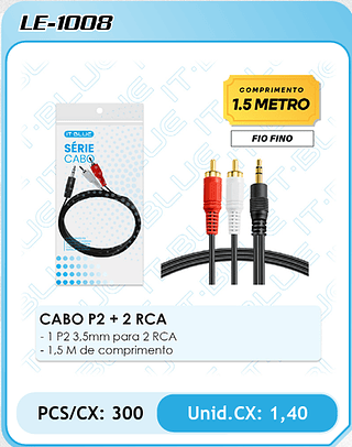 CABO P2 + 2 RCA - 1 P2 3,5mm para 2 RCA - 1,5 M de comprimento PCS/CX: 300 Unid.CX: 1,40