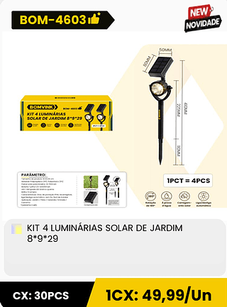 KIT 4 LUMINARIAS SOLAR DE JARDIM 8*9*29 CX: 30PCS 1CX: 49,99/Un
