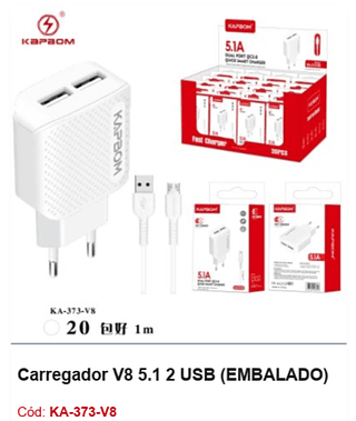 Carregador V8 5.1 2 USB R$ 4,5 PCS/CX:400