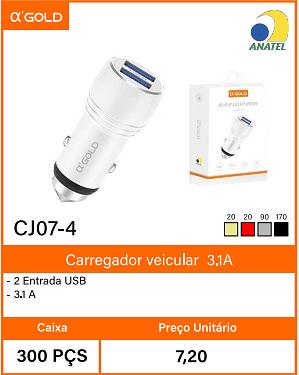 Carregador veicular 3.1A - Caixa 300 PCS Preco Unitario 7,20