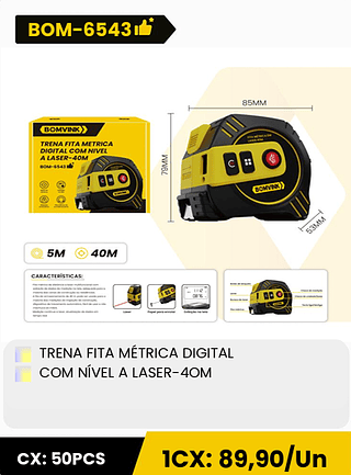 TRENA FITA MÉTRICA DIGITAL COM NÍVEL A LASER-4OM CX: 50PCS 1CX: 89,90/Un