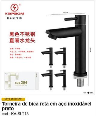 Torneira de bica reta em aço inoxidável preto R$ 34,2 PC/CX:100