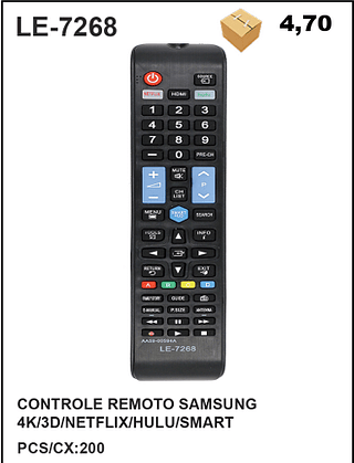 CONTROLE REMOTO SAMSUNG 4K/3D/NETFLIX/HULU/SMART 200PÇ=4,7$