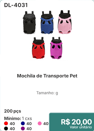 Mochila de Transporte Pet 200 pçs R$ 20,00