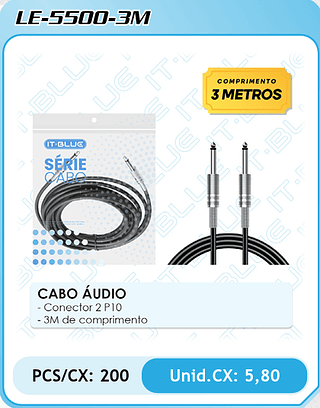 CABO ÁUDIO - Conector 2 P10 - 3M de comprimento PCS/CX: 200 Unid.CX: 5,80