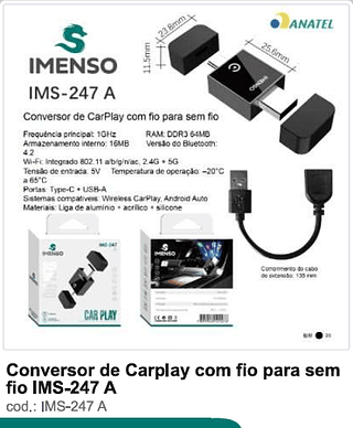 Conversor de Carplay com fio para sem fio 20PC/CX R$88,2