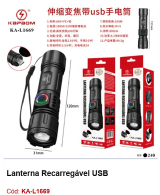 Lanterna Recarregável USB R$ 9,9 PCS/cx: 240