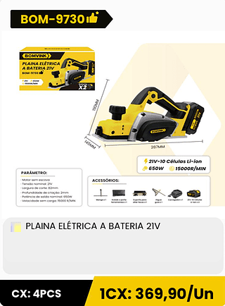 PLAINA ELETRICA A BATERIA 21V CX: 4PCS 1CX: 369,90/Un
