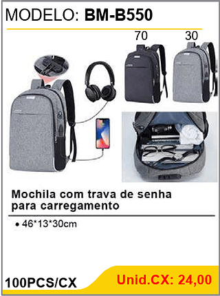 Mochila com trava de senha para carregamento 100PCS/CX Unid.CX: 24,00