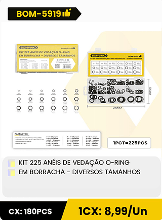 KIT 225 ANÉIS DE VEDAÇÃO O-RING EM BORRACHA - DIVERSOS TAMANHOS CX: 180PCS 1CX: 8,99/Un