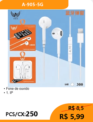 FONE DE OUVIDO LIGHTNING PCS/CX:250 R$5,99