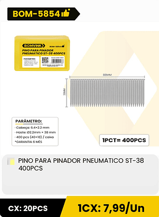 PINO PARA PINADOR PNEUMATICO ST-38 400PCS CX: 20PCS 1CX: 7,99/Un