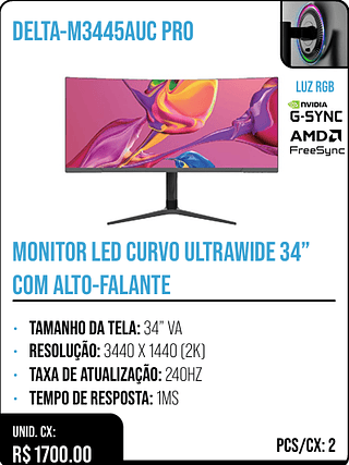 MONITOR LED CURVO ULTRAWIDE 34” COM ALTO-FALANTE UNID. CX: R$ 1700.00 PCS/CX: 2