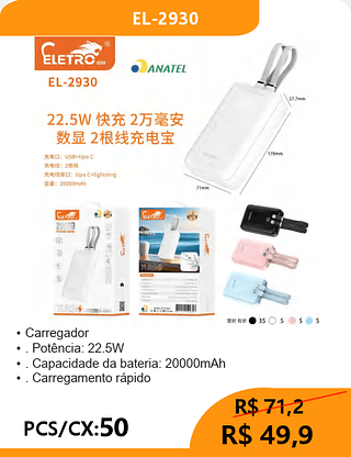 POWER BANK PCS/CX:50 R$49,9