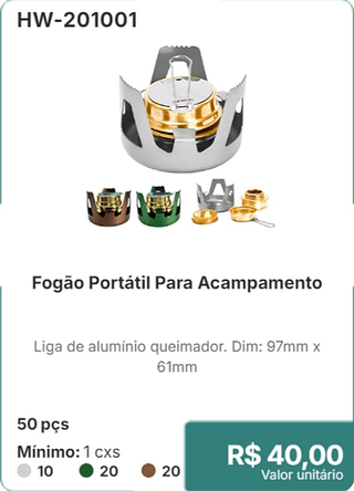 Fogão Portátil Para Acampamento 50 pçs R$ 40.00