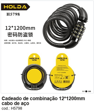 Cadeado de combinação 12*1200mm cabo de aço R$ 14,4 PC/CX:100