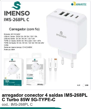 Carregador conector 4 saídas Turbo 85W 5G-TYPE-C 100PC/CX R$40,5