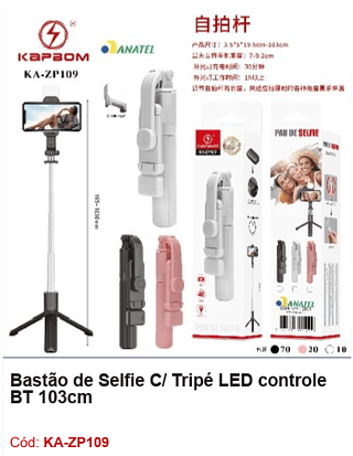 Bastão de Selfie C/ Tripé LED controle BT 103cm R$ 15,3 PCS/CX:100