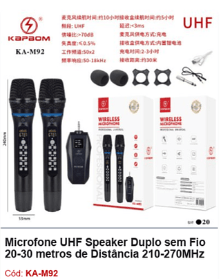 Microfone UHF Speaker Duplo sem Fio 20-30 metros de Distância 210-270MHz R$198 PCS/Cx:20