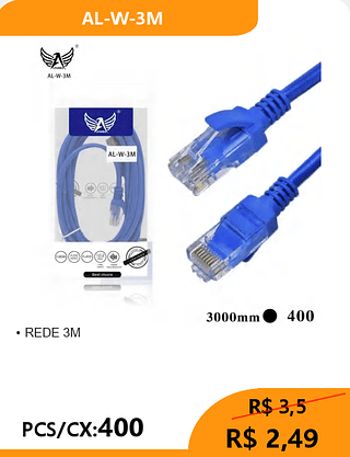 CABO DE REDE 3M PCS/CX:400 R$ 2,49