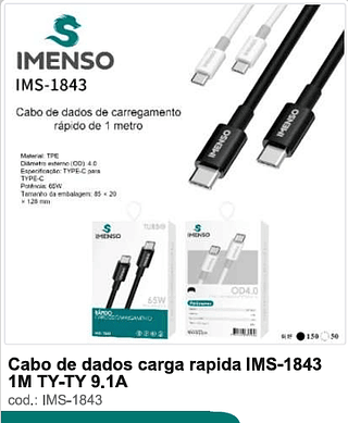 Cabo de dados carga rápida 1M TY-TY 9.1A 200PC/CX R$5,4