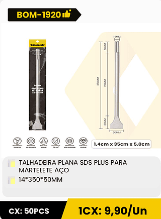 TALHADEIRA PLANA SDS PLUS PARA MARTELETE AÇO 14*350*50MM CX: 50PCS 1CX: 9,90/Un